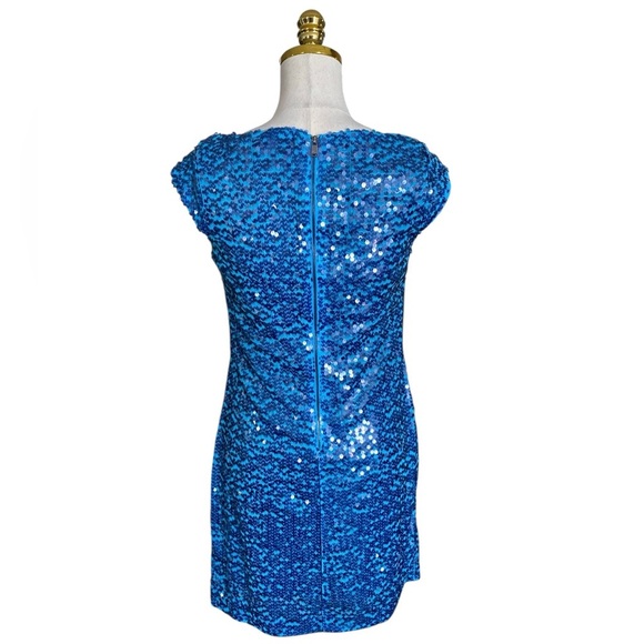 Andrew Marc Womens Size 4 Blue Sequin Sheath Cocktail Party Cowl Neck Mini Dress - Picture 6 of 10